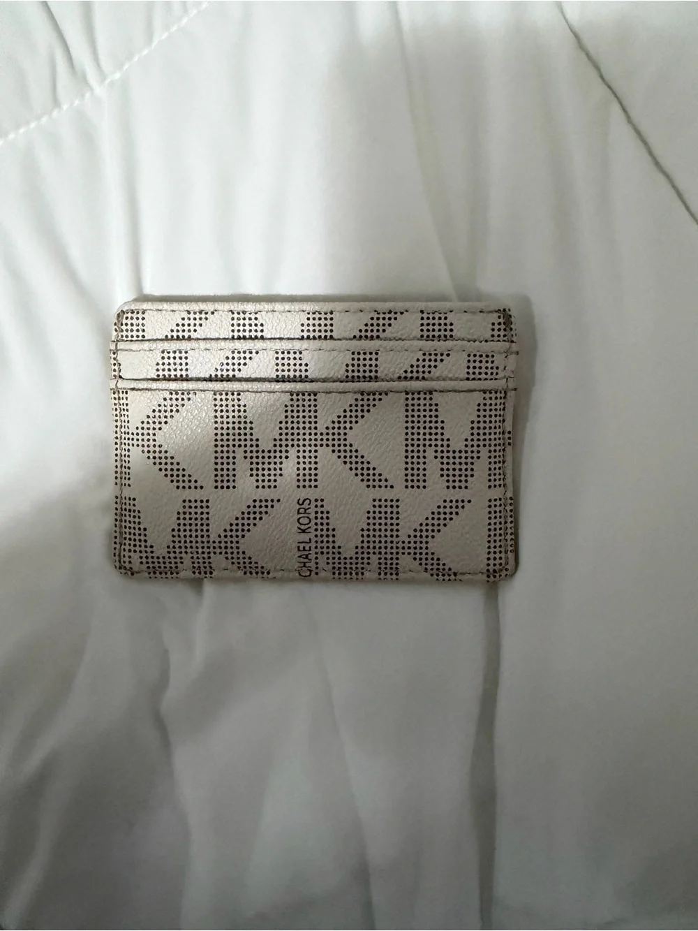 Michael Kors Beige Taupe Logo Card Case with Gold Plaque